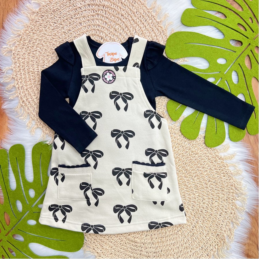 Conj. Blusa Manga Longa Ribana e Salopete de Moletom Laços - Preto e Areia